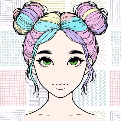 realistic girl with two buns on top of her head