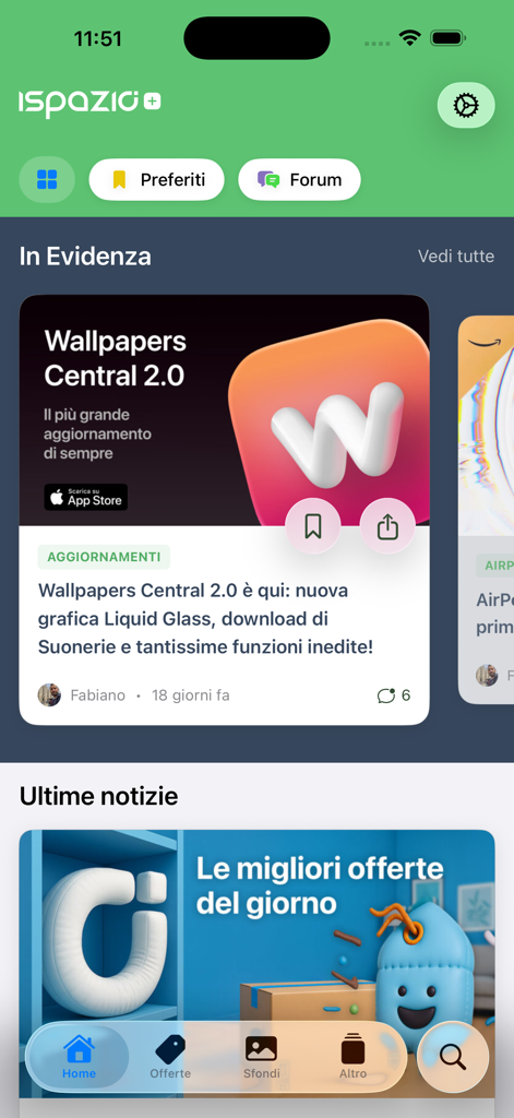 iSpazio - The home screen of the iSpazio app featuring tech news and personalization options.