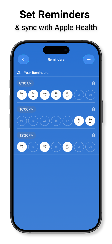 Capture d'écran de l'écran de rappels de l'application iBreathe montrant les sessions de respiration planifiées et les paramètres de synchronisation Apple Health