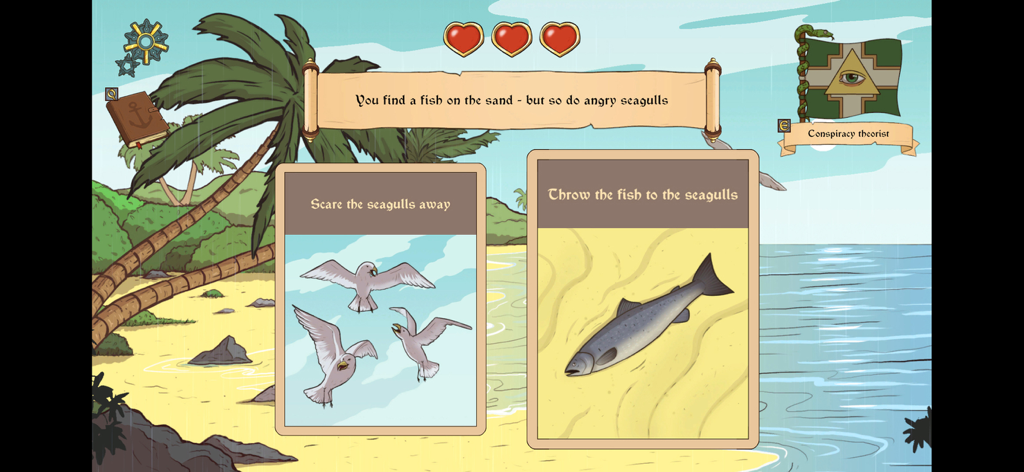 Choice of Life Wild Islands - Una captura de pantalla de juego de Choice of Life Wild Islands que muestra la elección entre asustar a las gaviotas o alimentarlas con pescado en una playa tropical.