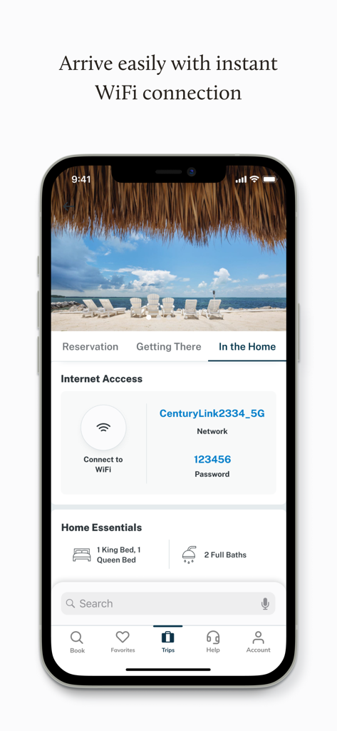 Interfaccia dell'app Vacasa che mostra i dettagli della connessione WiFi e gli elementi essenziali della casa per una casa vacanza