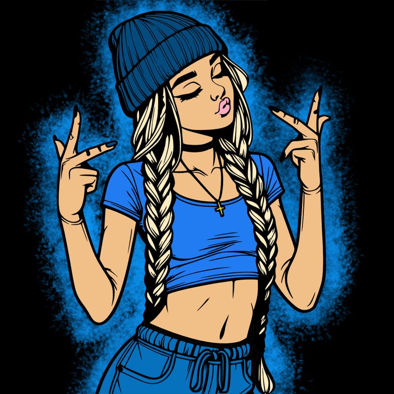 realistic teenage girl with braids and a beanie and crop top doing 🫶🏼