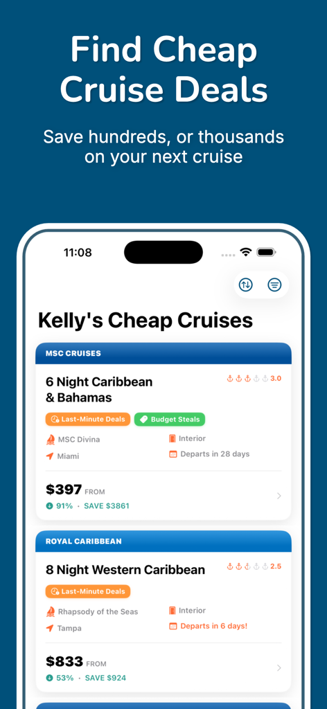 Kelly's Cheap Cruise Deals - App interface showing cheap cruise deals and price drops for Caribbean sailings