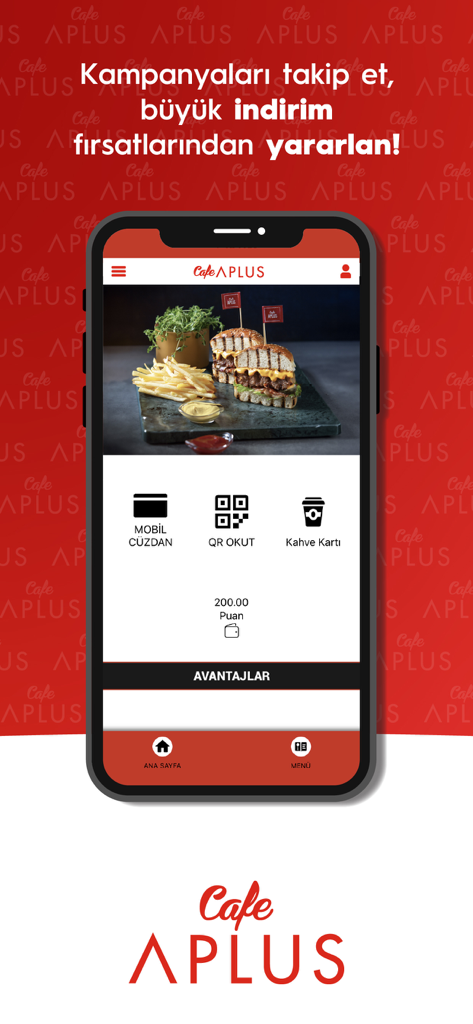 Cafe APlus - Cafe APlus mobile app home screen showing burger promotion and loyalty reward features