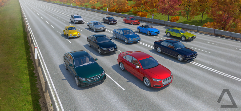 German Road Racer - Cars Game - Eine Flotte verschiedener deutscher Automodelle fährt im Herbst auf einer mehrspurigen Autobahn.