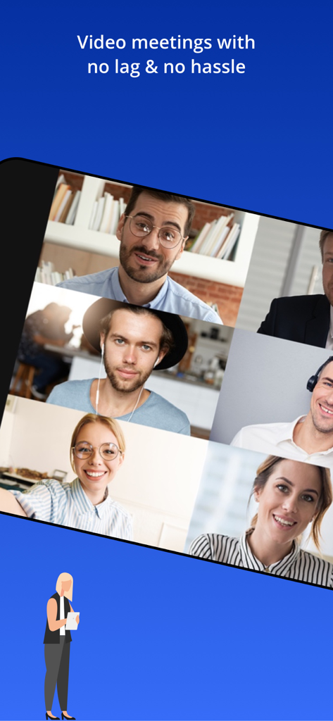 Eyeson app interface showing a multi-person video conference with the headline Video meetings with no lag and no hassle.