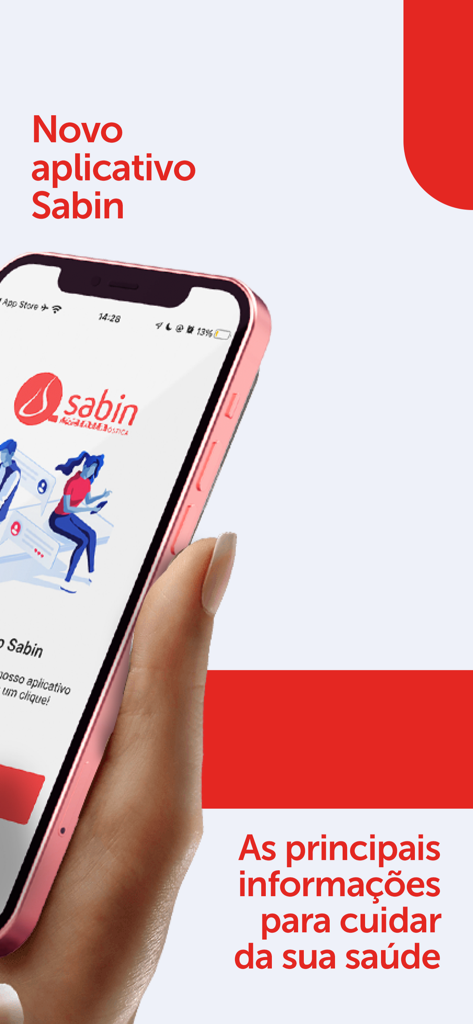 Sabin Diagnóstico e Saúde - Mano sosteniendo un teléfono inteligente que muestra la interfaz de la aplicación de salud Sabin Diagnostico e Saude