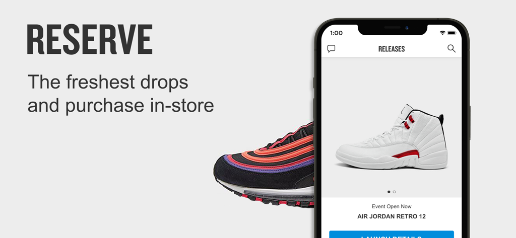 Finish Line mobile app interface showing a reservation option for the Air Jordan Retro 12 sneaker drop.