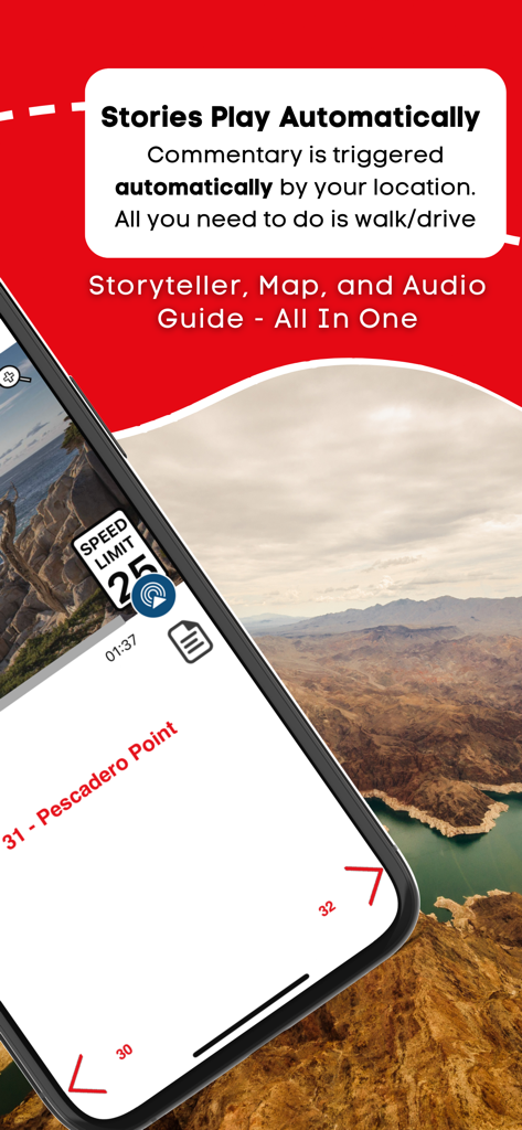 California GPS Audio Tours - Smartphone screen showing the California GPS Audio Tours app automatic storytelling feature