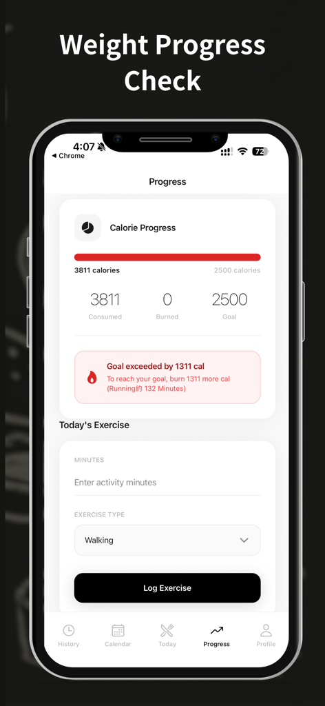 Caloo - Track Your Calories - Interface of the Caloo app showing daily calorie progress versus goal and a section for logging exercise.