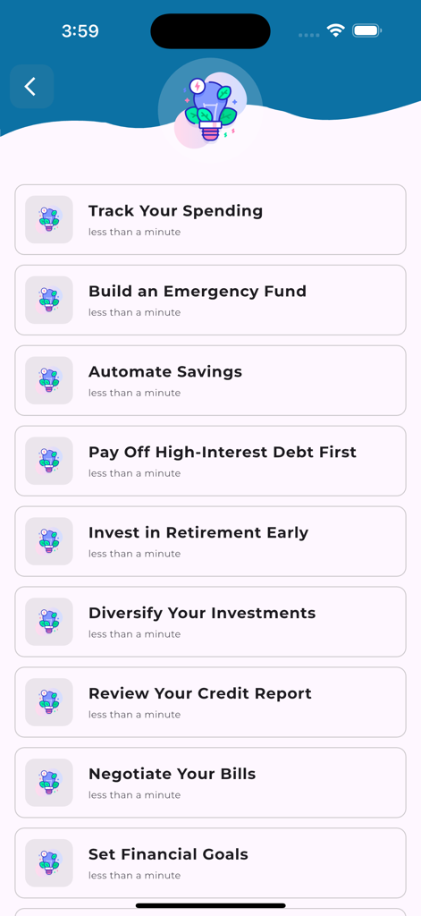 Learn Banking Offline [PRO] - Interfaccia dell'app mobile che mostra un elenco di argomenti rapidi di educazione finanziaria come monitoraggio delle spese e investimenti per la pensione.