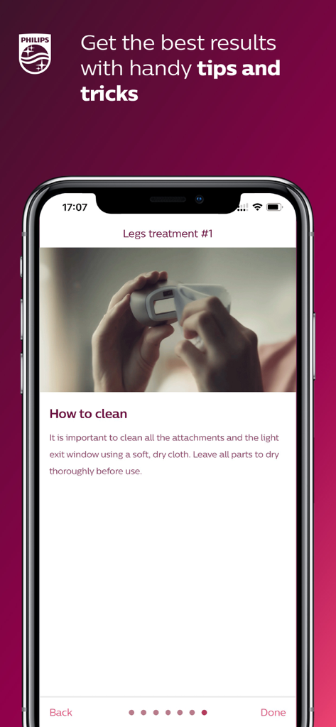 Philips Lumea IPL - Instructional screen in the Philips Lumea IPL app providing tips on how to clean the device attachments.