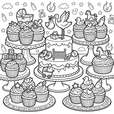 Get ready to celebrate a new arrival with this delightful baby shower cakes and cupcakes coloring page. It's filled with charming treats and baby essentials, perfect for a joyful coloring experience.