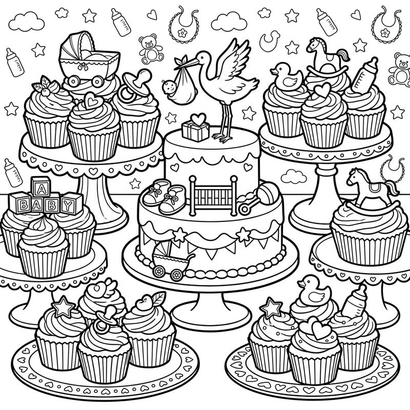 Get ready to celebrate a new arrival with this delightful baby shower cakes and cupcakes coloring page. It's filled with charming treats and baby essentials, perfect for a joyful coloring experience.