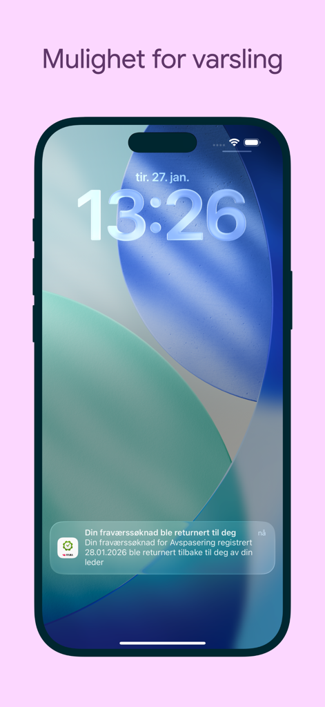 Visma Tid Go - iPhone lock screen showing a push notification from the Visma Tid Go app regarding an absence request