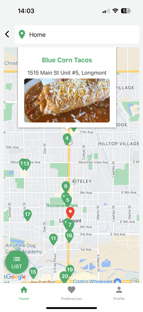 Restaurantji Dining Guide - Restaurantji app showing a map with pins for local dining spots and a featured taco restaurant in Longmont