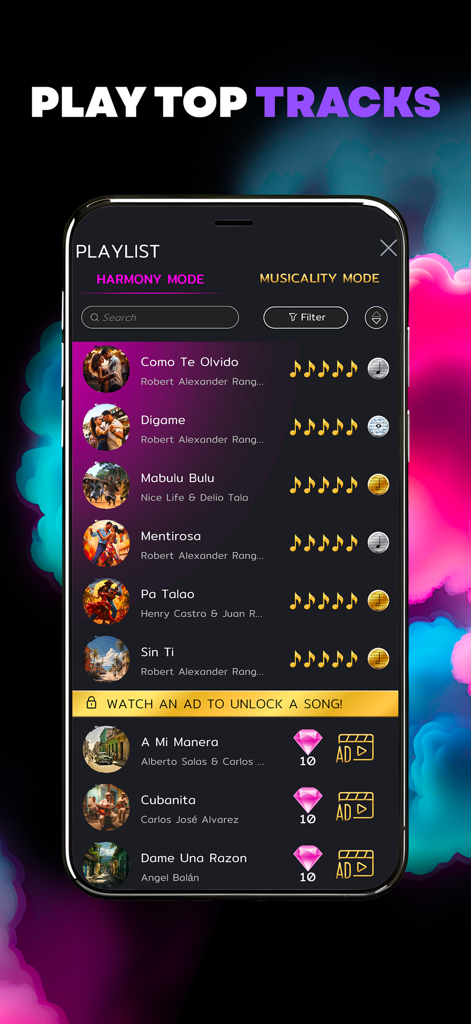 Musicality Beats - Uma tela de playlist no aplicativo Musicality Beats exibindo uma lista das melhores faixas e modos de jogo.