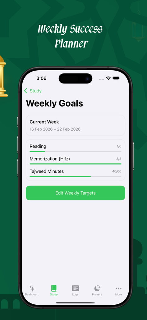 Weekly goals tracking screen showing progress for Quran reading and memorization