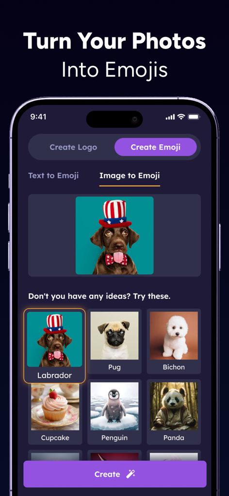AI Emoji Generator: Logo Maker - Smartphone screen showing the AI Emoji Generator app interface for turning photos into custom emojis.