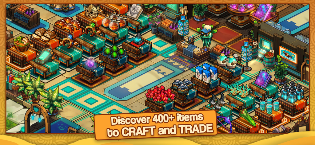 Tiny Shop - Ein farbenfrohes, handgemaltes Interieur eines Fantasy-Ladens in Tiny Shop, das zahlreiche herstellbare und handelbare Gegenstände zeigt