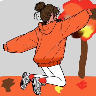 realistic girl jumping with a bun and oversized sweatshirt