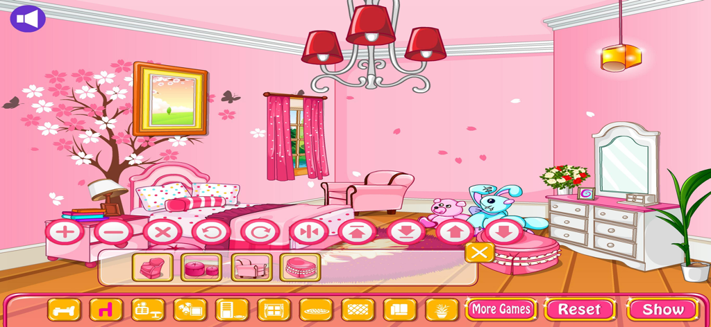 Decorate the House - A virtual pink bedroom scene in the Decorate the House app featuring furniture customization and design tools.