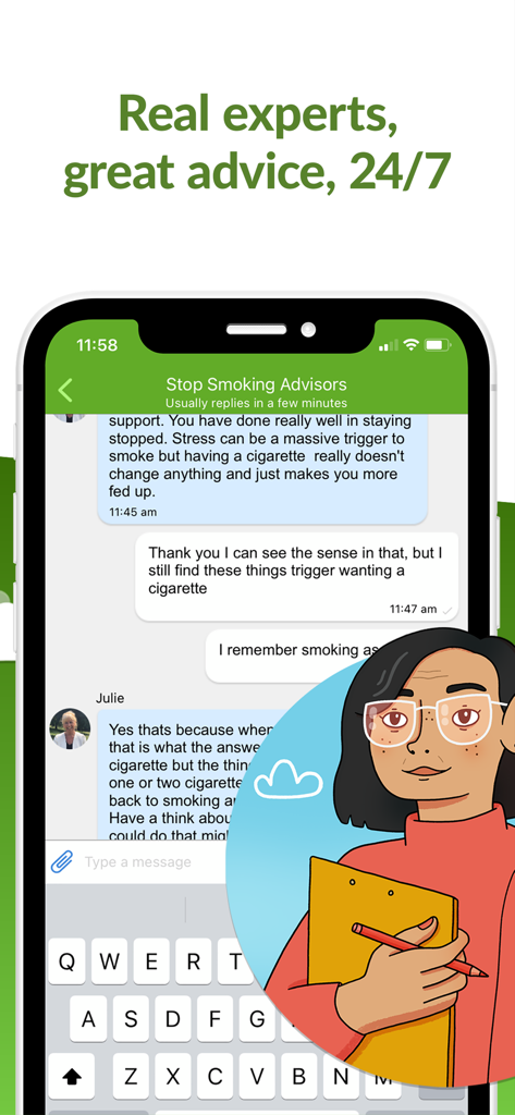 Smoke Free - Quit Smoking Now - 24/7 지원을 위한 금연 전문가와의 채팅 대화를 보여주는 금연 앱의 인터페이스.
