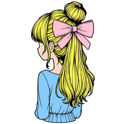 realistic girl  with hip length hair a bun and a big bow on the back of head