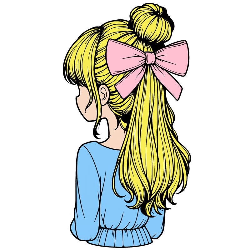 realistic girl  with hip length hair a bun and a big bow on the back of head