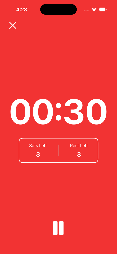 Temporizador de treino HIIT ativo minimalista mostrando 30 segundos restantes em um fundo vermelho.