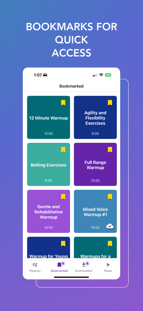 Vocal Warmups with Kathleen - 歌手向けのブックマークされたボーカルエクササイズを表示するアプリインターフェース。