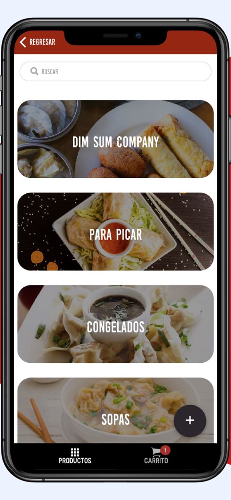 Mobile app interface showing food categories for Dim Sum appetizers frozen goods and soups in Spanish