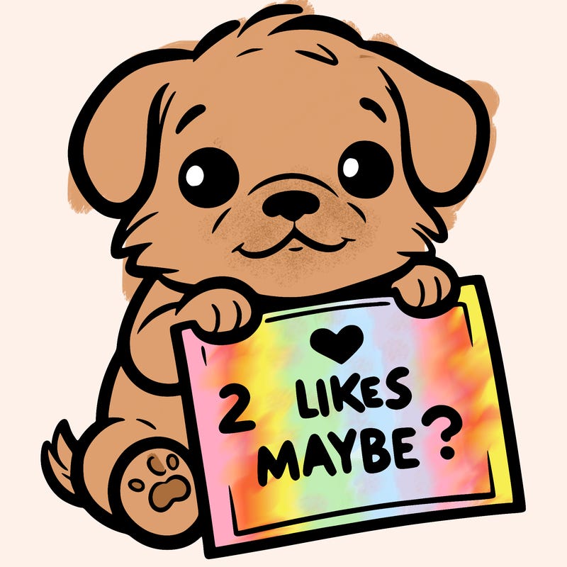 a puppy holding a sign that says 2 likes maybe?
