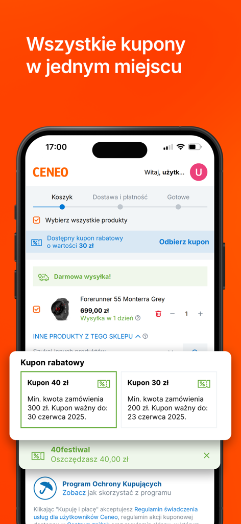 Ceneo: porównywarka cen online - Pantalla de la aplicación Ceneo que muestra un carrito de compras con un reloj Garmin y una ventana emergente con cupones de descuento disponibles en polaco.