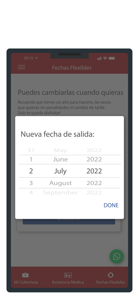 Safe Travel Assistance - 여행 계획 변경을 위한 유연한 날짜 선택기를 보여주는 안전 여행 지원 앱 화면