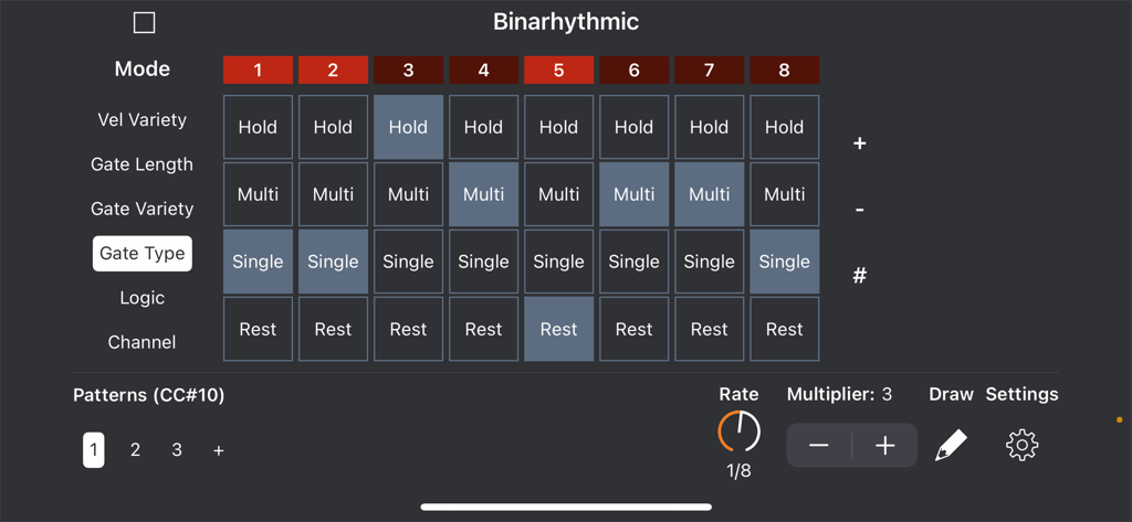 Interface do aplicativo Binarhythmic mostrando configurações de tipo de porta para um sequenciador de ritmo MIDI