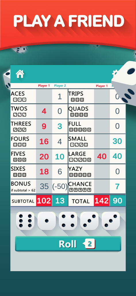 Yazy yatzy dice game - Tarjeta de puntuación e interfaz del juego de dados Yazy yatzy para dos jugadores.