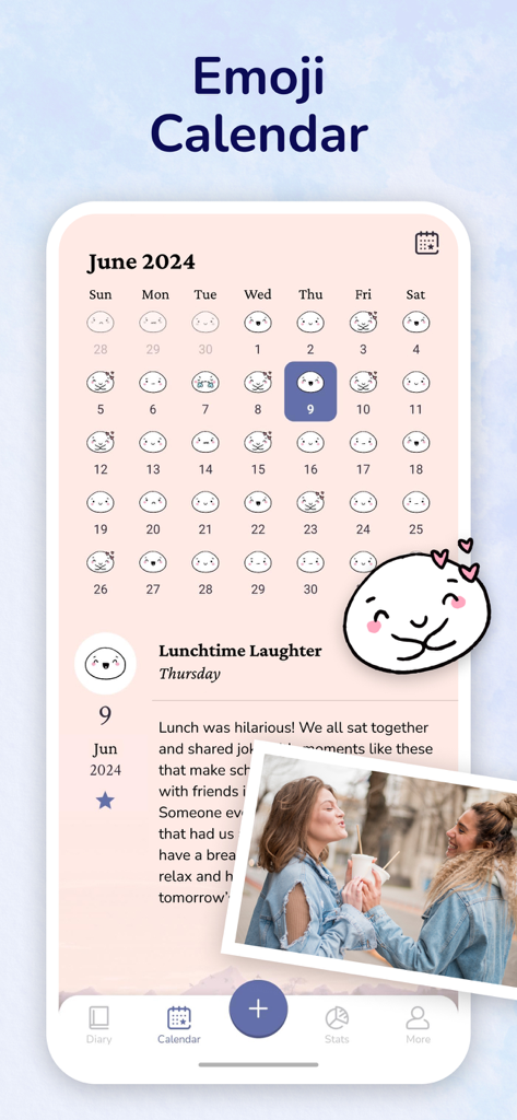 My Diary - Daily Journal, Lock - Captura de pantalla de la aplicación Mi Diario que muestra un calendario mensual con seguimiento de humor con emojis y una entrada de diario con foto