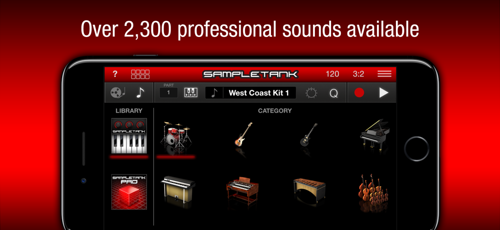 SampleTank CS app interface showing various instrument categories and professional sound library