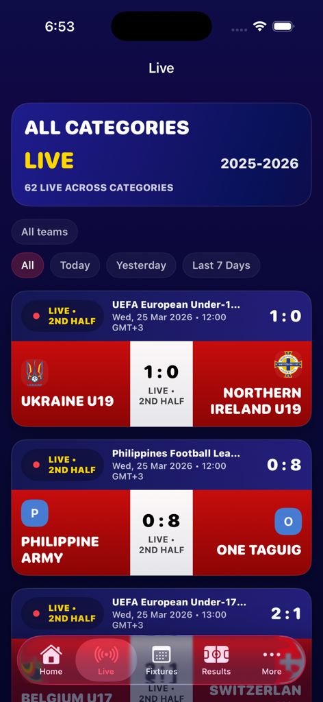 Live Soccer Scores 808 - Mobile app screen showing live soccer scores and real-time match updates for international leagues.