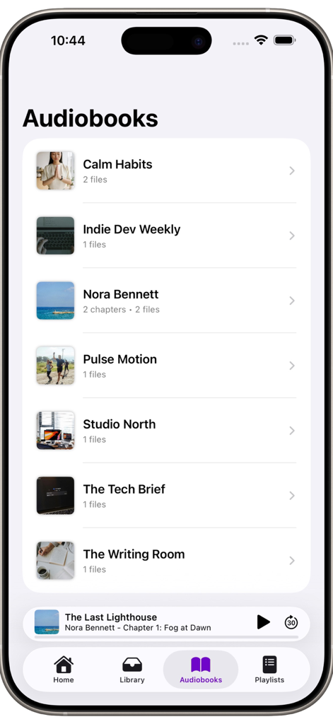 Aucast - mp3 audiobook player - Aucast app interface displaying a collection of audiobooks and a playback bar