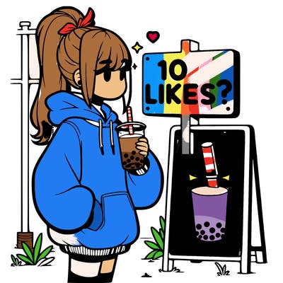 girl with oversized hoodie drinking boba and she has a high ponytail with a sign that says 10likes?