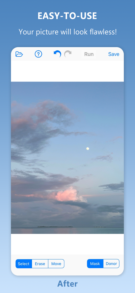Inpaint mobile app interface showing a flawless landscape photo after object removal
