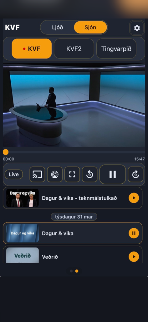 KVF live - Interface of the KVF live app showing a Faroese television news broadcast with playback controls and channel selection