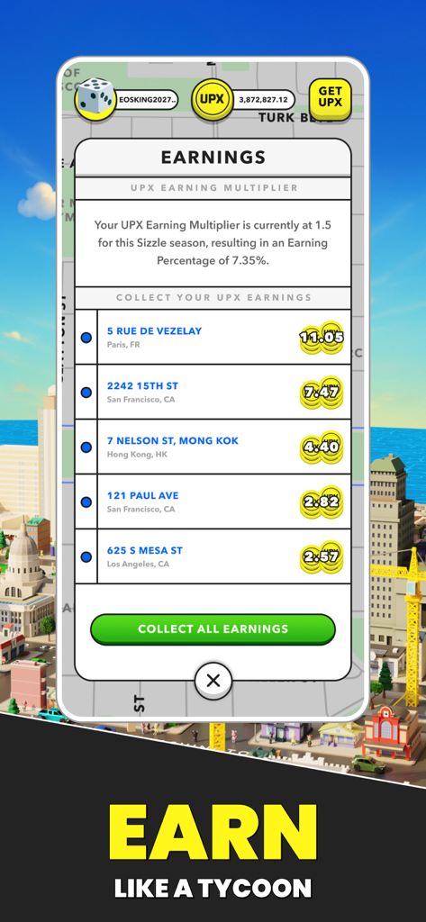 Upland: City-Builder - UPX 수익을 수집하는 버튼과 함께 부동산 주소 목록과 수집된 UPX 수익을 보여주는 Upland 앱 스크린샷