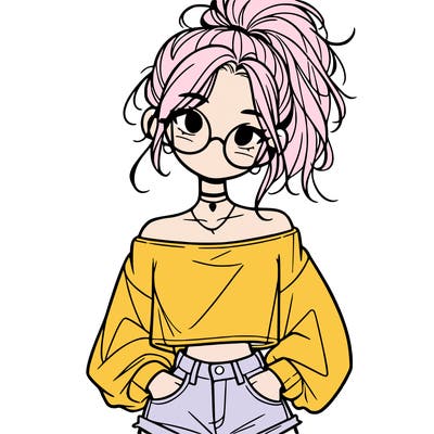 girl with a messy ponytail glasses a baggy crop top and jean shorts