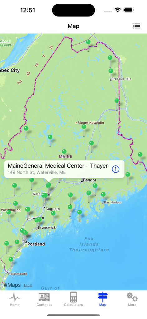 Maine EMS Protocol App - Map screen of the Maine EMS Protocol app showing medical center locations across Maine
