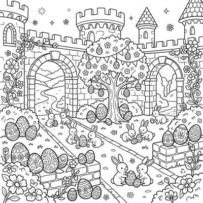 Explore a charming castle courtyard overflowing with Easter joy. This delightful coloring page features playful bunnies, beautifully decorated eggs, and vibrant spring flowers, perfect for celebrating the season.