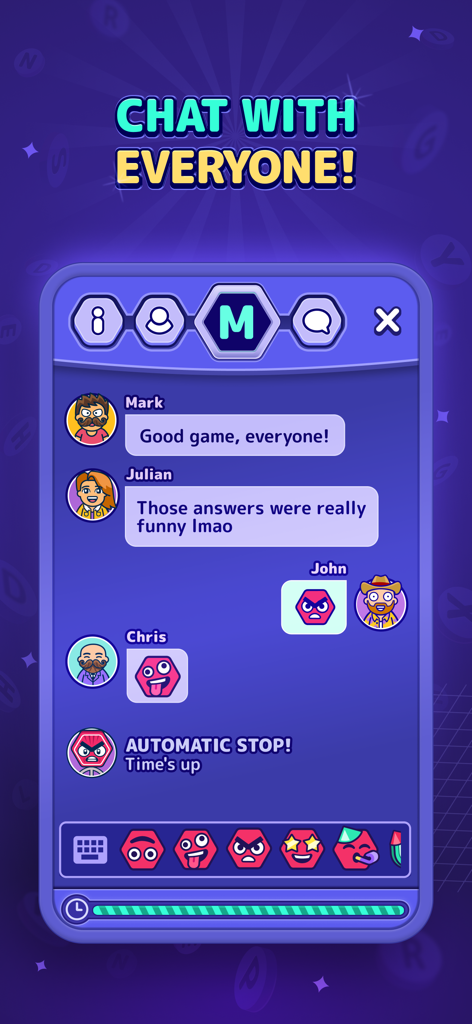 StopotS categories game social chat screen with player avatars and messages