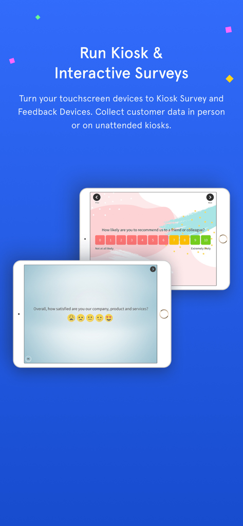 Zonka Feedback-Surveys, Kiosk - Two tablets displaying interactive kiosk surveys with NPS and emoticon rating scales for customer feedback.